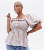 New Look Curves Pink Floral Shirred Square Neck Puff Sleeve Top